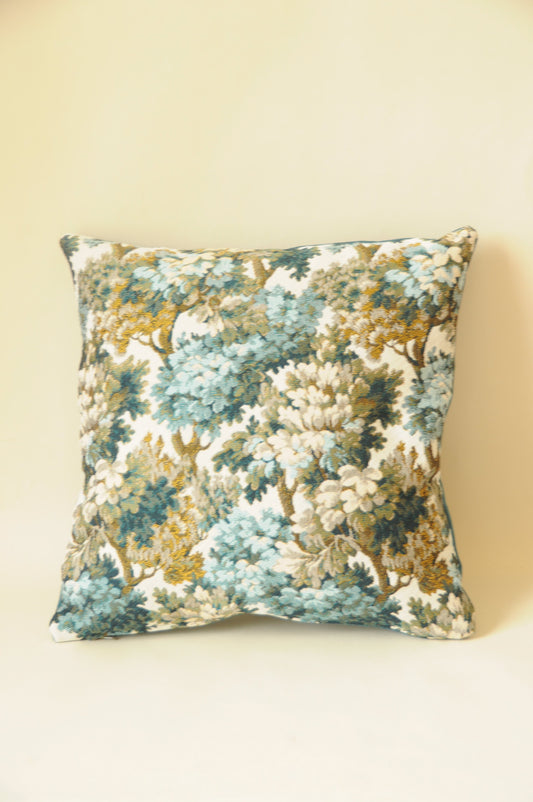 COUSSIN JACQUARD IMPRIMÉ MOTIF FEUILLAGE BLEU VERT