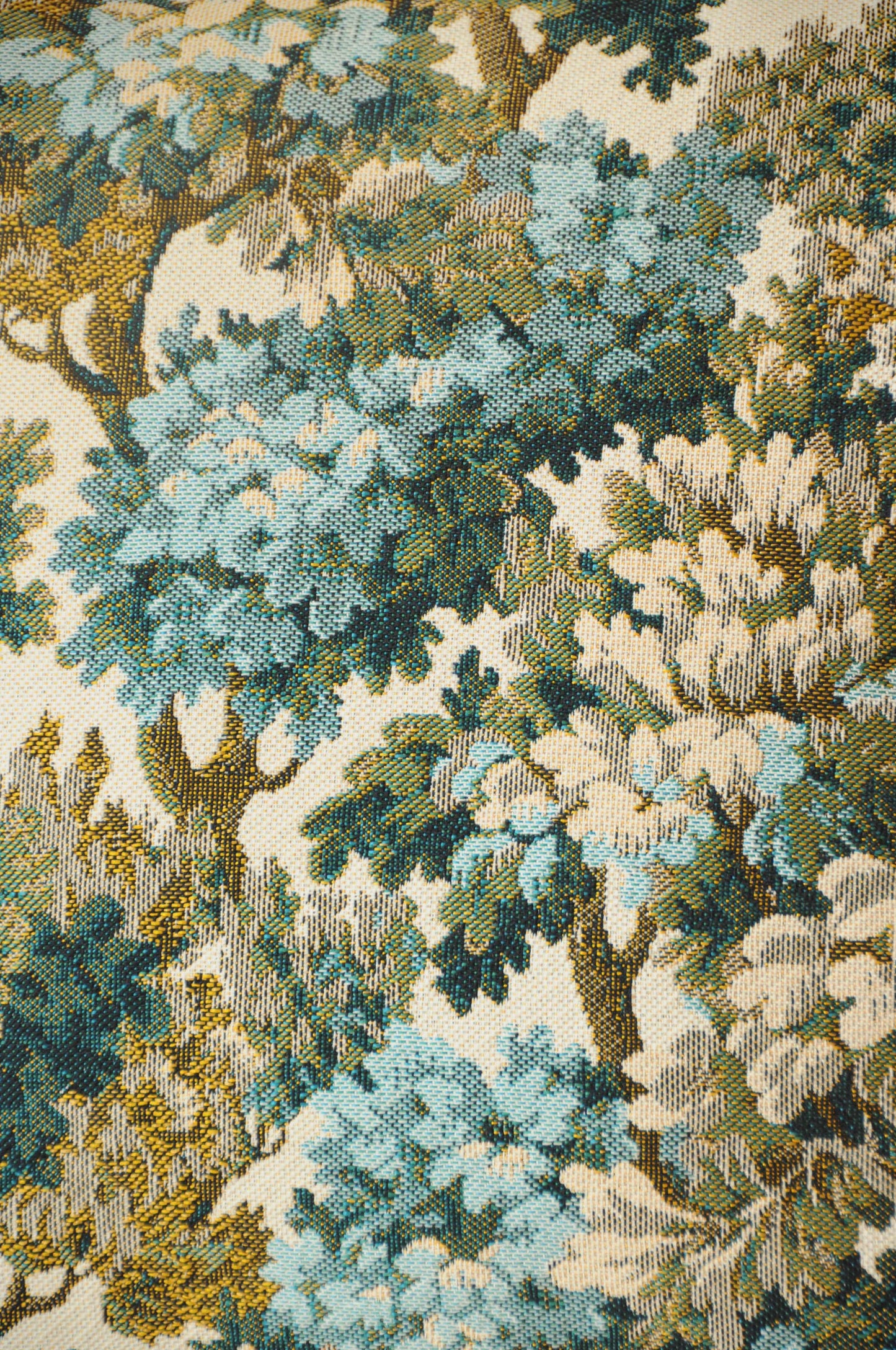 COUSSIN JACQUARD IMPRIMÉ MOTIF FEUILLAGE BLEU VERT